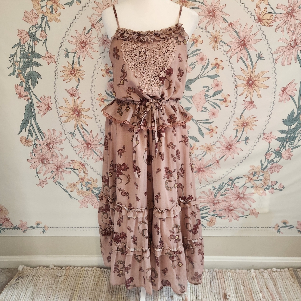 Axes Femme tan maxi floral dress cottage core mori kei nature girl fairy lace